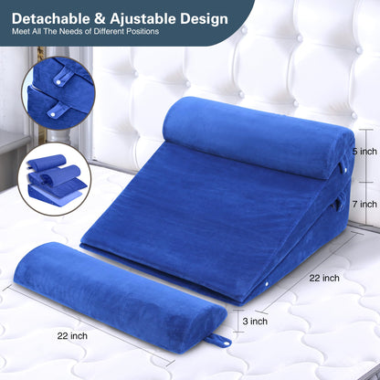 WDBBYL Bed Wedge Pillow Set, 4 pieces, for sleeping, elevation, post-surgery recovery support, acid reflux, GERD, snoring, washable velvet cover, Blue