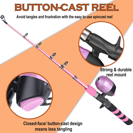 PLUSINNO Kids Fishing Rod and Reel Combo, Telescopic Fishing Pole with Lures, Fishing Accessories and Carry Bag for Saltwater Freshwater Fishing, for Boys, Girls, Teens Pink.