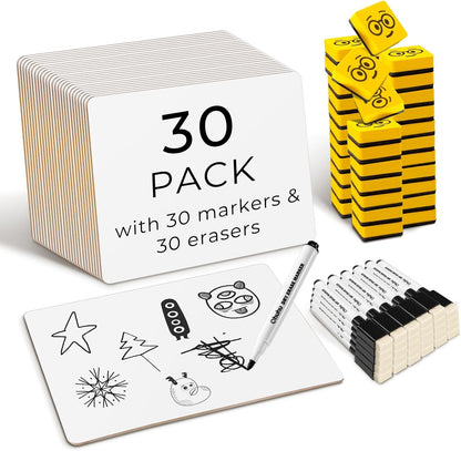 Ohuhu Whiteboard Small A4, Double Sided Mini White Board with Markers and Erasers, Dry Erase, Portable, for Students, School, Home Office (30 Pack Whiteboard Set - Double Blank)