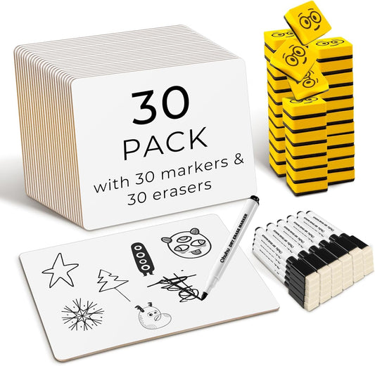 Ohuhu Whiteboard Small A4, Double Sided Mini White Board with Markers and Erasers, Dry Erase, Portable, for Students, School, Home Office (30 Pack Whiteboard Set - Double Blank)