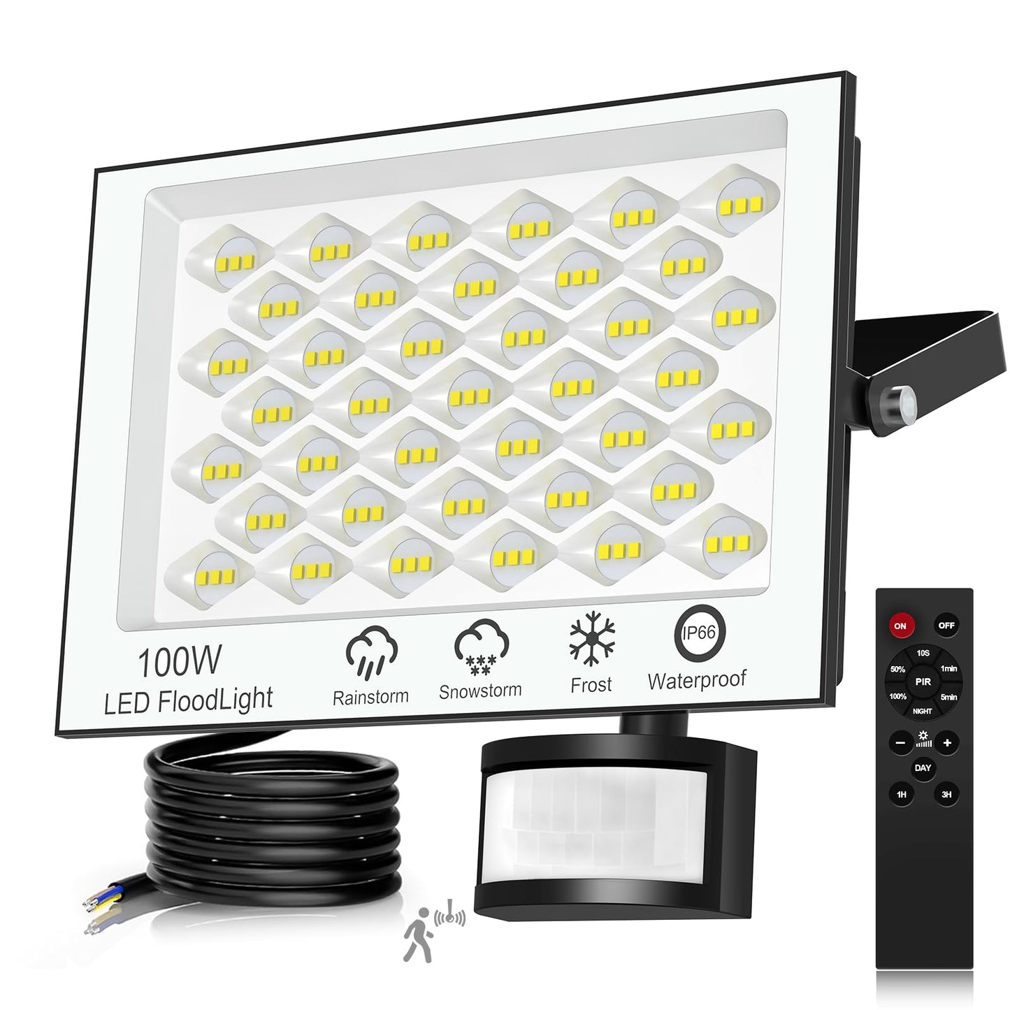 LED floodlight with motion sensor outside - 100W 10000LM 6500K LED floodlight outside with remote control, timing function, adjustable brightness LED floodlight, IP66 waterproof spotlight for garage yard