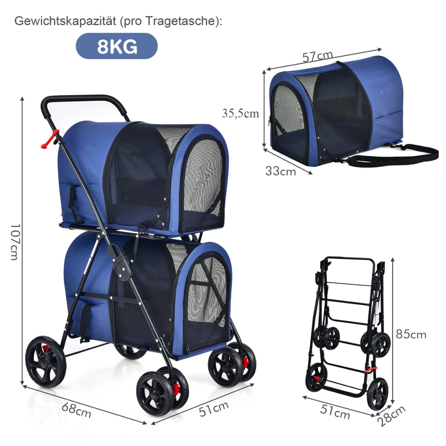 COSTWAY 2-Tier Dog Stroller Pets Stroller up to 16kg, Dog Stroller with Mesh Windows & Cup Holder & Trailer, Cat Stroller for 2 Small Dogs Cats (Blue)