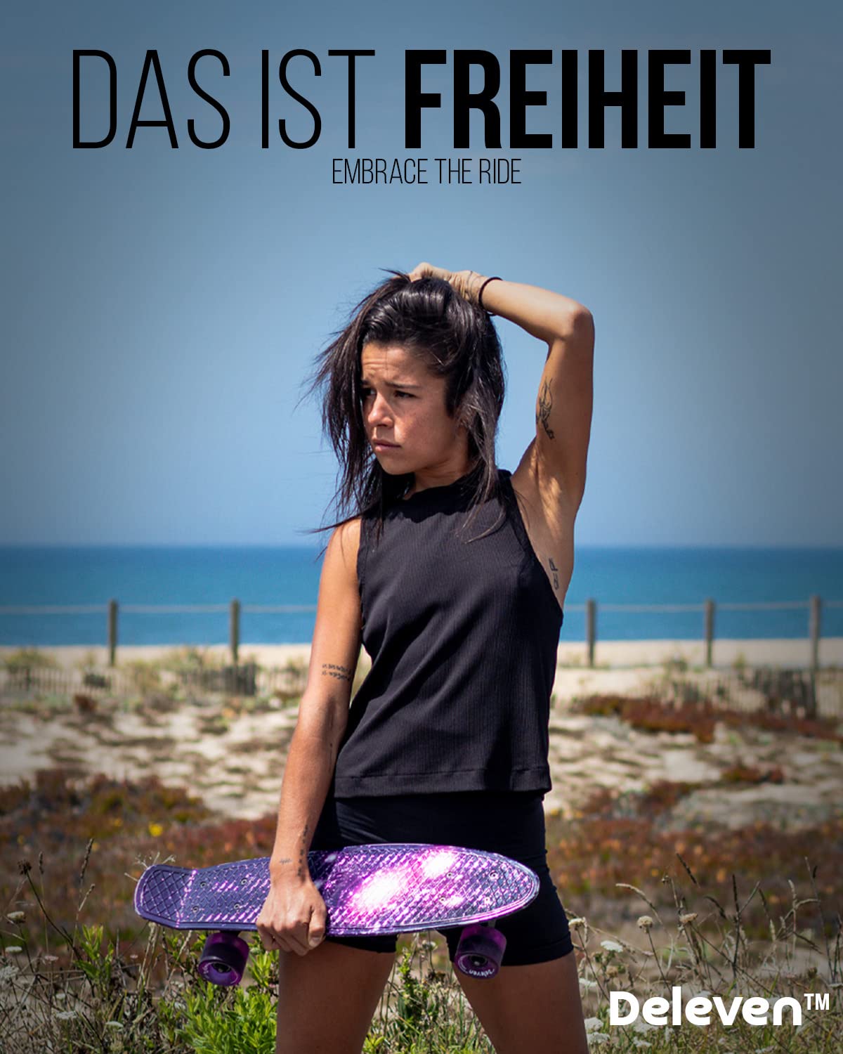Deleven skateboard with LED wheels, skate tool, and ABEC 7 bearings - for kids and adults beginners - 56 cm