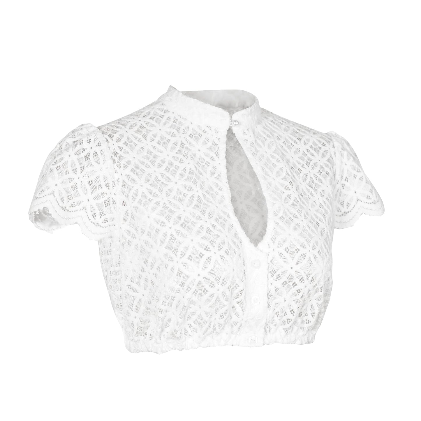 Dirndl party blouse with buttons, traditional white blouse for women with lace and short sleeves. Elastic cream dirndl blouse with button closure for Oktoberfest, size 36.