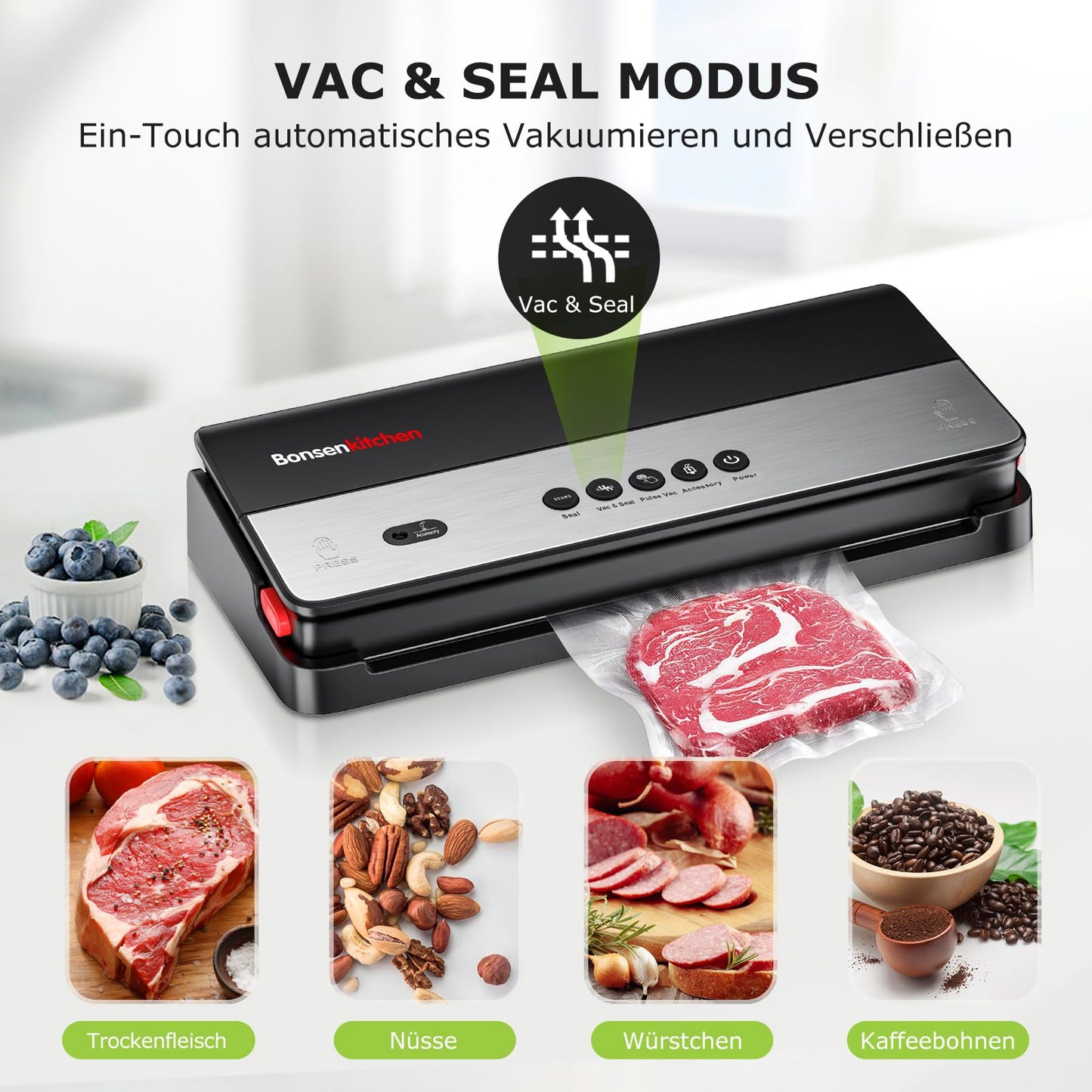 Bonsenkitchen vacuum sealer for dry and moist foods with built-in cutter, 1 roll of bags, 50 professional bags