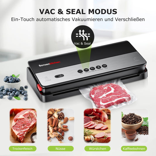 Bonsenkitchen vacuum sealer for dry and moist foods with built-in cutter, 1 roll of bags, 50 professional bags