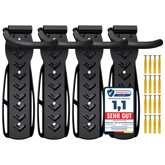 4 x WELLGRO Wall Bike Holder - Steel Bike Wall Mount - Bike Hooks - Bike Stand - Stand - Color selectable, Color: Black