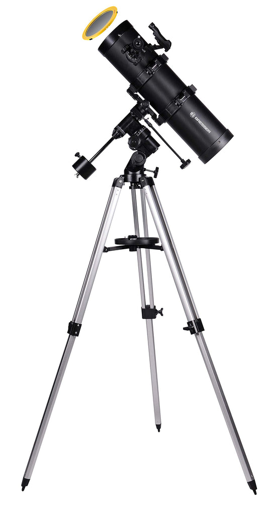 Bresser Spica EQ 130/650 reflector telescope with smartphone camera adapter and high-quality lens solar filter, including mount, tripod, and accessories.