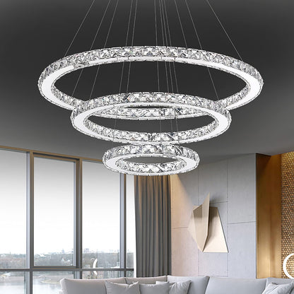 ATUM 72W Modern Crystal LED 3 Ring Design, Creative Chandelier Hanging Light for Bedroom Living Room Dining Room (Cool White, 72W)