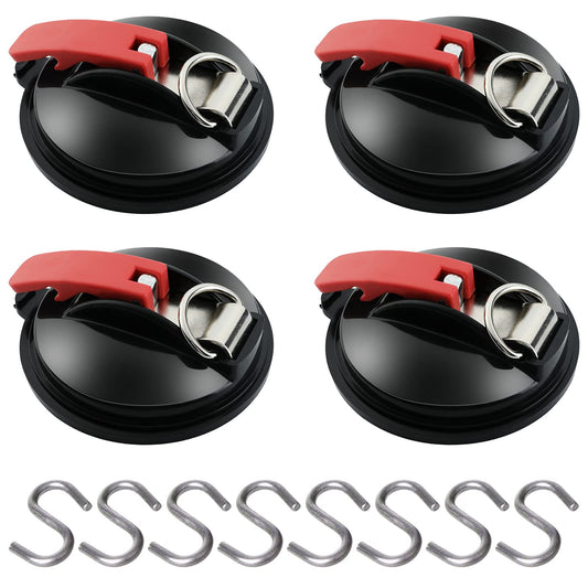 Suction cup hooks - set of 4 suction cups with 8 S-hooks, multi-functional suction cups, strong hooks for camping, RV, household, workshop, awnings, sunshades, tarps, car tensioners.