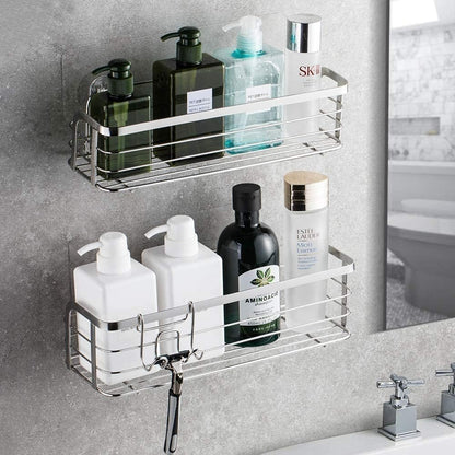Avoalre Stainless Steel Shower Caddy without Drilling, Shower Basket with Strong Adhesive, 2 Pack Easy Shower Shelf with 1 Removable Suction Cup Hook.