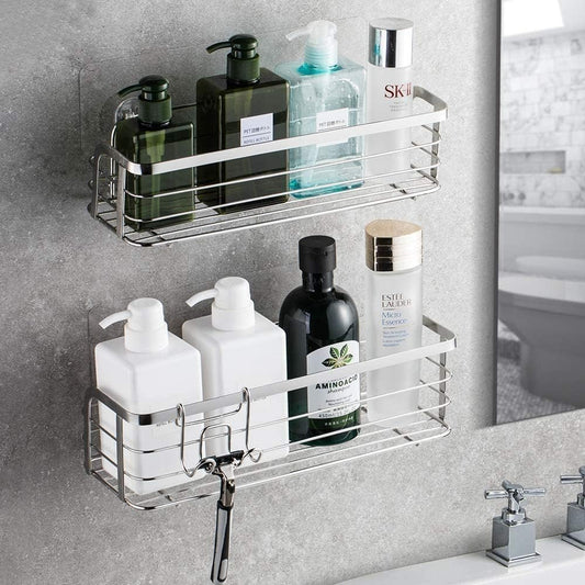 Avoalre Stainless Steel Shower Caddy without Drilling, Shower Basket with Strong Adhesive, 2 Pack Easy Shower Shelf with 1 Removable Suction Cup Hook.