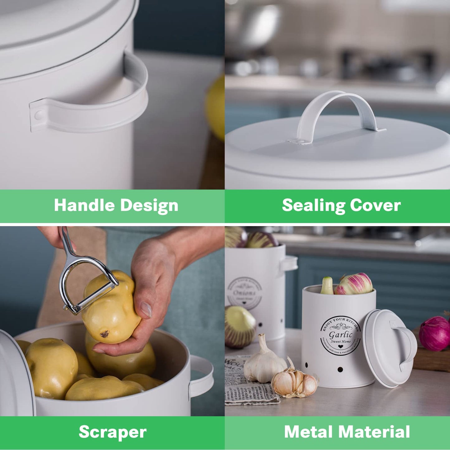 Potato storage box set of 3 on the stove, onion pot and garlic pot ventilated storage container set, onion storage, storage potatoes onions garlic storage (white)