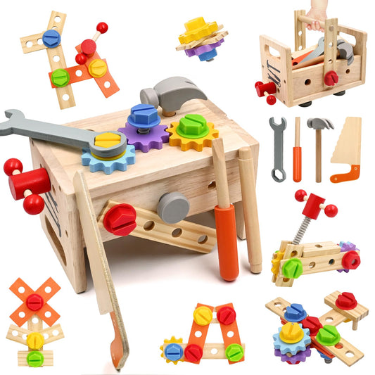 Toolbox for kids 2 3 4 years old, Montessori wooden toy tool set workbench learning games hammering toy screwdriving game gifts for boys girls 3 years old and up