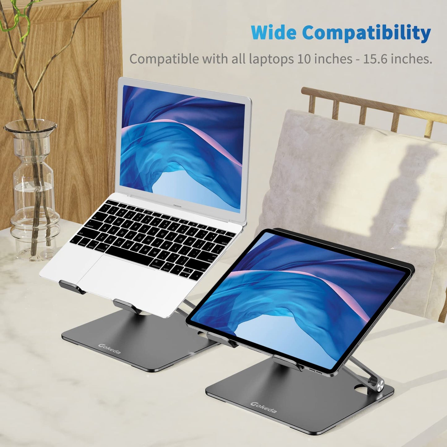 Gokeda laptop stand, ergonomic aluminum stand for desk, notebook stand with ventilation hole, compatible with MacBook Air/Pro, Dell, HP, Lenovo, and other 10-15.6" laptops.