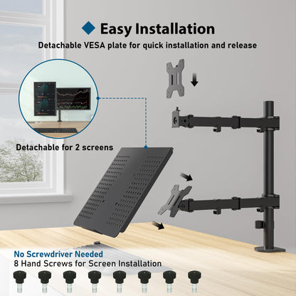 BONTEC Monitor Stand with Laptop Arm for 13-32 inch LCD LED Screen up to 15.6" Notebook, Tilt, Swivel, Monitor Laptop Mount Desk with Clamp, VESA 75x75-100x100mm.