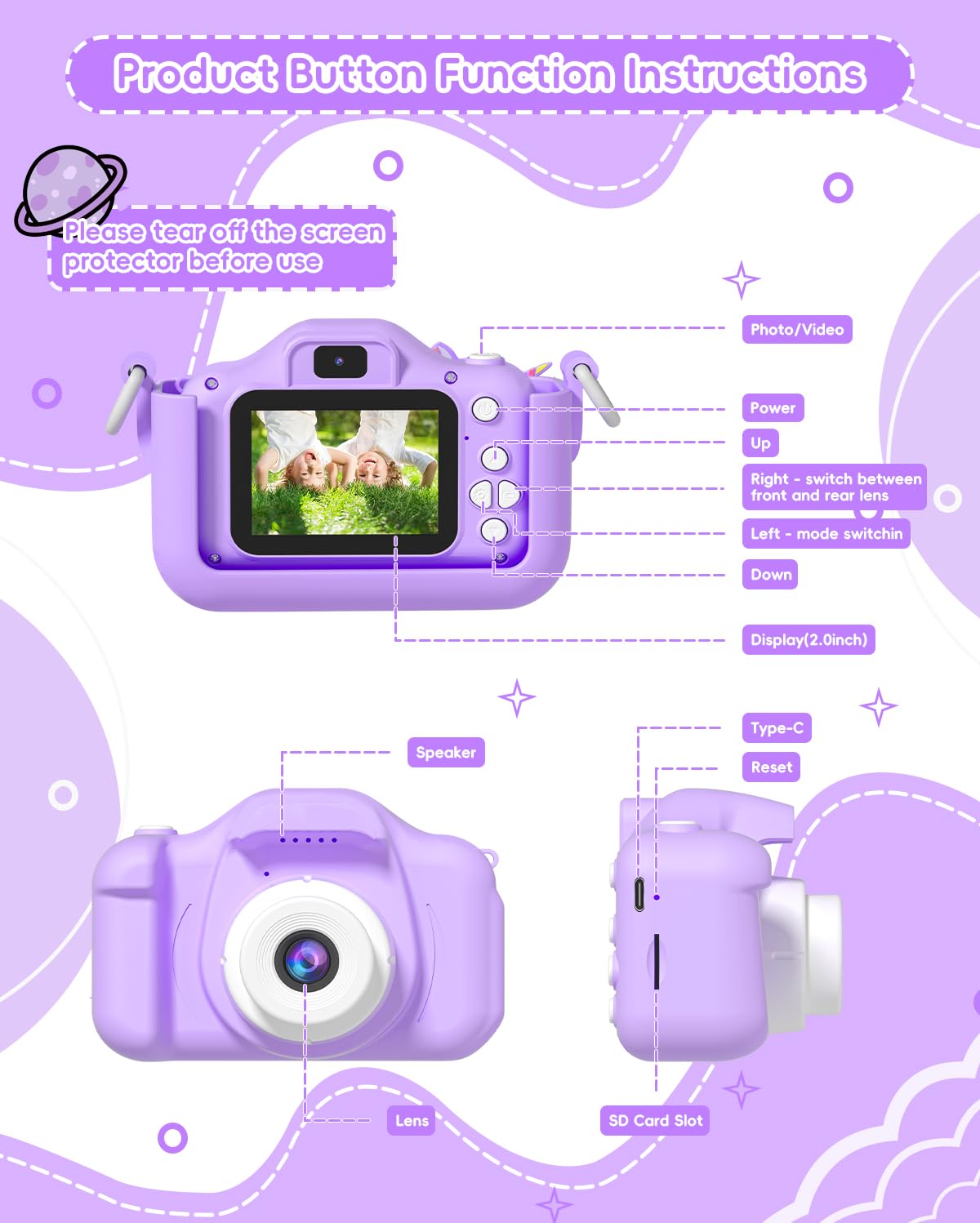 Children's camera, OAEBLLE digital camera, kids camera for 3 4 5 6 7 8 9 10 11 12 year old girls boys birthday gift Christmas toy, anti-drop digital cameras with 32GB TF card - purple.