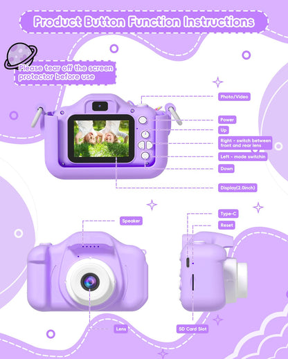 Children's camera, OAEBLLE digital camera, kids camera for 3 4 5 6 7 8 9 10 11 12 year old girls boys birthday gift Christmas toy, anti-drop digital cameras with 32GB TF card - purple.