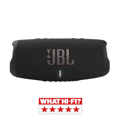 JBL Charge 5 Bluetooth speaker in black - Waterproof, portable boombox with built-in power bank - One charge for up to 20 hours of wireless music enjoyment.