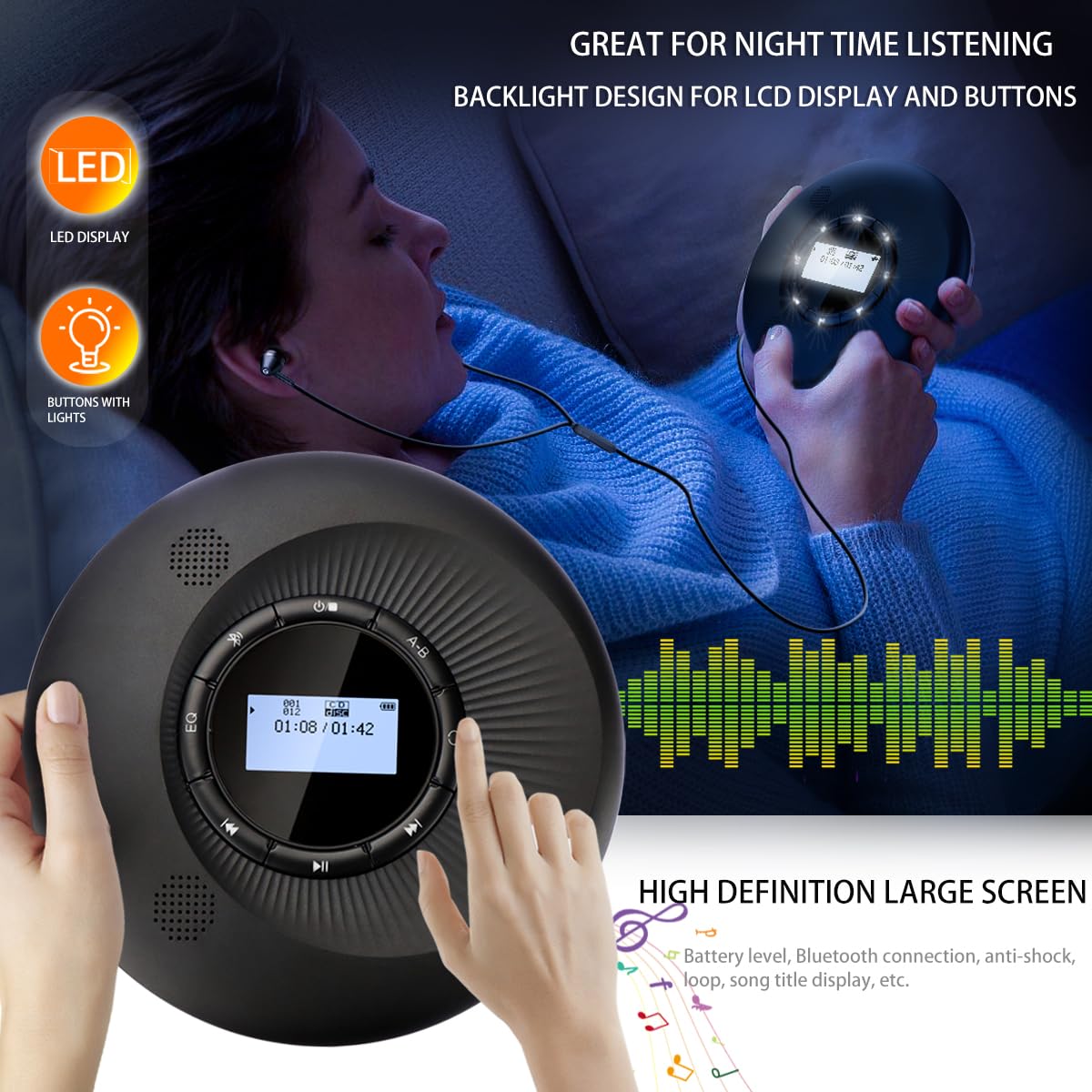 Portable CD player with Bluetooth rechargeable 1500mAh car CD player with Bluetooth and stereo dual speakers anti-skip for car home travel personal discman CD player portable