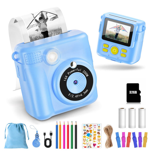 Children's Camera - Instant Camera Digital Camera Print 1080P - 16x Digital Zoom 2.4" Screen - 32GB Card - 3 Rolls of Printing Paper - with Storage Bag Christmas Gift for Children 3-12 Years old