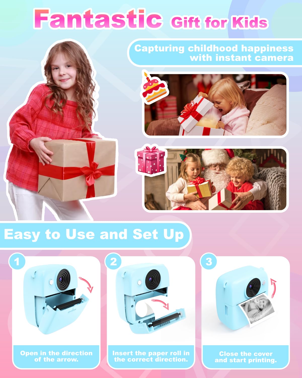 NUOTUN Instant Camera for Kids, Kids Camera with Photo Printing, 2.0 Inch HD Screen, 8X Zoom, 1080P Digital Camera with Printing Paper & Card, Kids Camera Gift for Girls & Boys 3-12 Years (Blue)