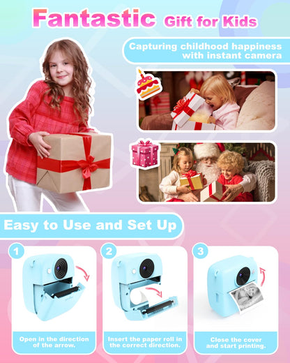 NUOTUN Instant Camera for Kids, Kids Camera with Photo Printing, 2.0 Inch HD Screen, 8X Zoom, 1080P Digital Camera with Printing Paper & Card, Kids Camera Gift for Girls & Boys 3-12 Years (Blue)