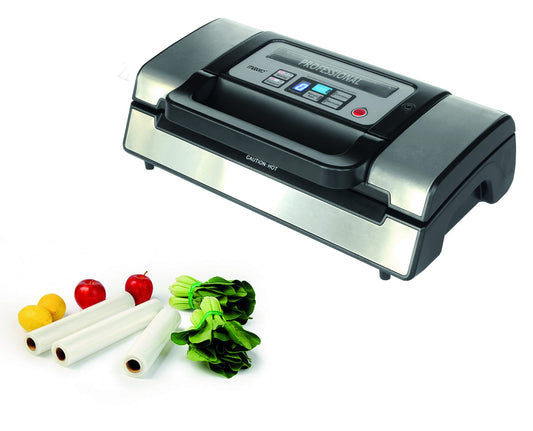 Maxxo VM Pro Professional Vacuum Sealer with double sealing seam, 20 l/min. vacuum pump, 900 mbar sealing pressure, for food vacuum sealing in stainless steel.
