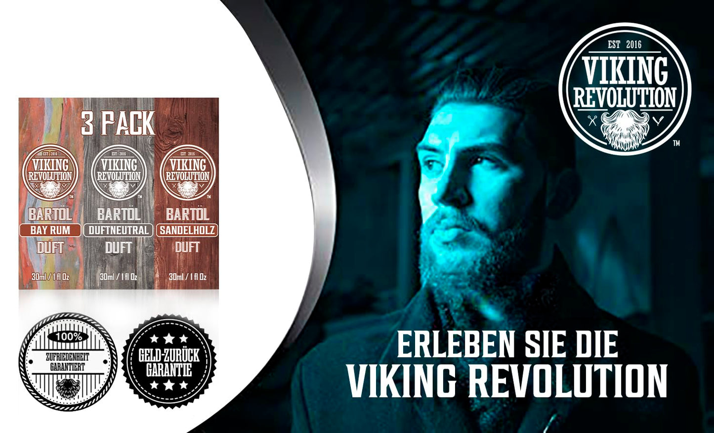 Viking Revolution - Beard Oil - Softens, Protects, and Strengthens - Made from All-Natural Bay Rum, Unscented & Sandalwood - Beard Oil for Men - Gifts for Men - Set 3 x 30 ml