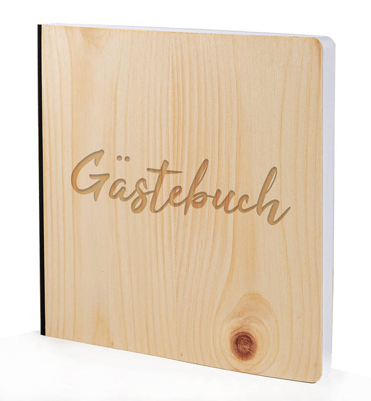 Guestbook with noble real wood stone pine cover in size 20 x 20cm 192 writable pages high-quality paper