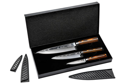 Wolfblood 3-piece Damascus Knife Set (32, 26, and 20cm) Professional kitchen knife set made of genuine 67-layer Damascus steel. Includes Chef's knife, Office knife, wooden handle, gift box, and blade guard.