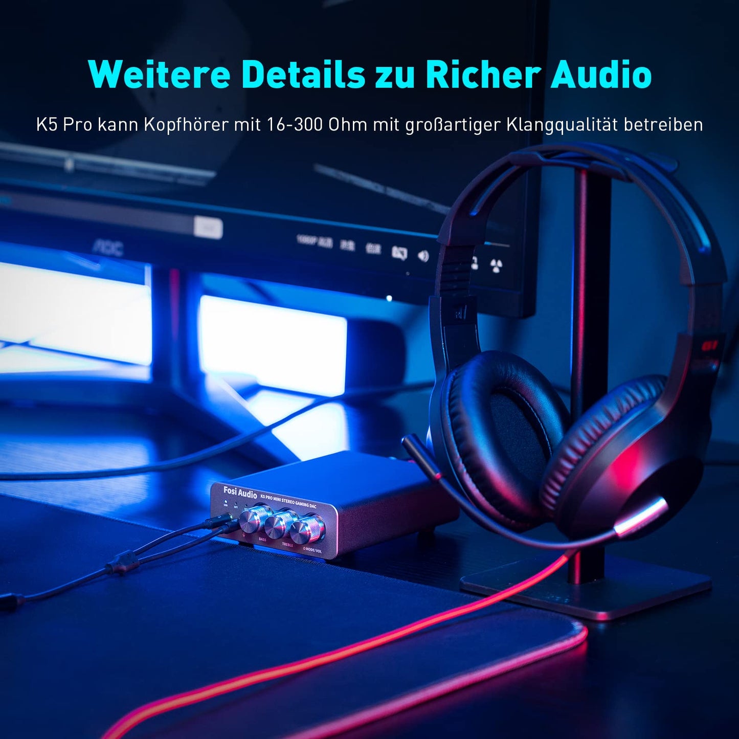 Fosi Audio K5 Pro headphone amplifier, USB C DAC headphone amplifier HiFi, USB/Optical/Coaxial/Microphone inputs to 3.5mm AUX/RCA output, Gaming DAC AMP Hi-Res for PS5/PC/MAC/Active Speakers.