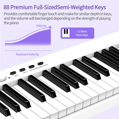 TERENCE 88-key piano Foldable keyboard with 1800mAh battery Support MIDI USB interface Piano app Bluetooth Music stand Stickers Audio cable Headphones Sustain pedal White