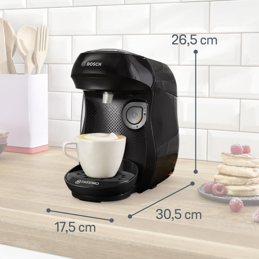 Bosch Tassimo happy friendly capsule machine TAS102EA, over 70 drinks, suitable for all cup sizes, auto-off function, sustainable, includes descaling tablets, compact design, 1400 W, black