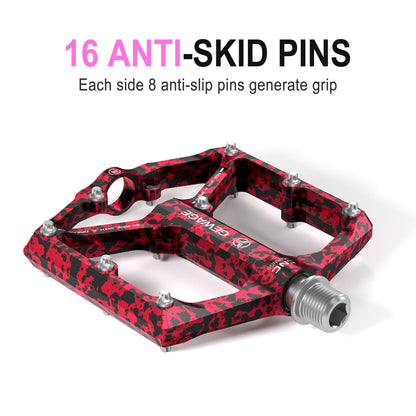 DARING Road/Mountain Bike Pedals - 3 Bearing Bike Pedals - CNC-machined 9/16-inch Flat Pedals with Removable Anti-slip Pins (Red Camouflage)