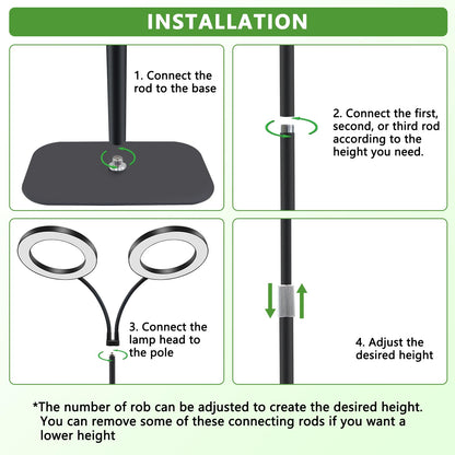 Niello Grow Lamp with Stand, 2-Head LED Plant Light for indoor Plants, Full Spectrum Growth Lamp, Auto on/off 3/9/12H Timer, 10 dimmable Levels, Adjustable Height for tall Plants.