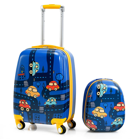 GOPLUS kids suitcase with backpack, kids trolley, children's luggage with wheels, travel suitcase with telescopic handle, hard shell suitcase for kids, children's trolley choice of colors (cartoon car, 12"+18")