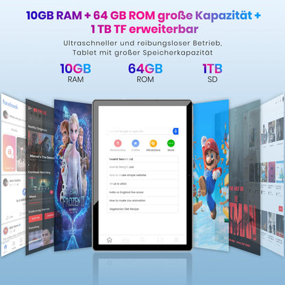 Tablet: Android Tablet - 2025 Android 14 Tablet Latest 10.1-inch Tablets 10GB + 64GB +1TB Expansion, Widevine L1, 2.4G + 5G Wi-Fi 6, 2MP + 8MP, Bluetooth 5.0, 1280 * 800 FHD IPS Grey