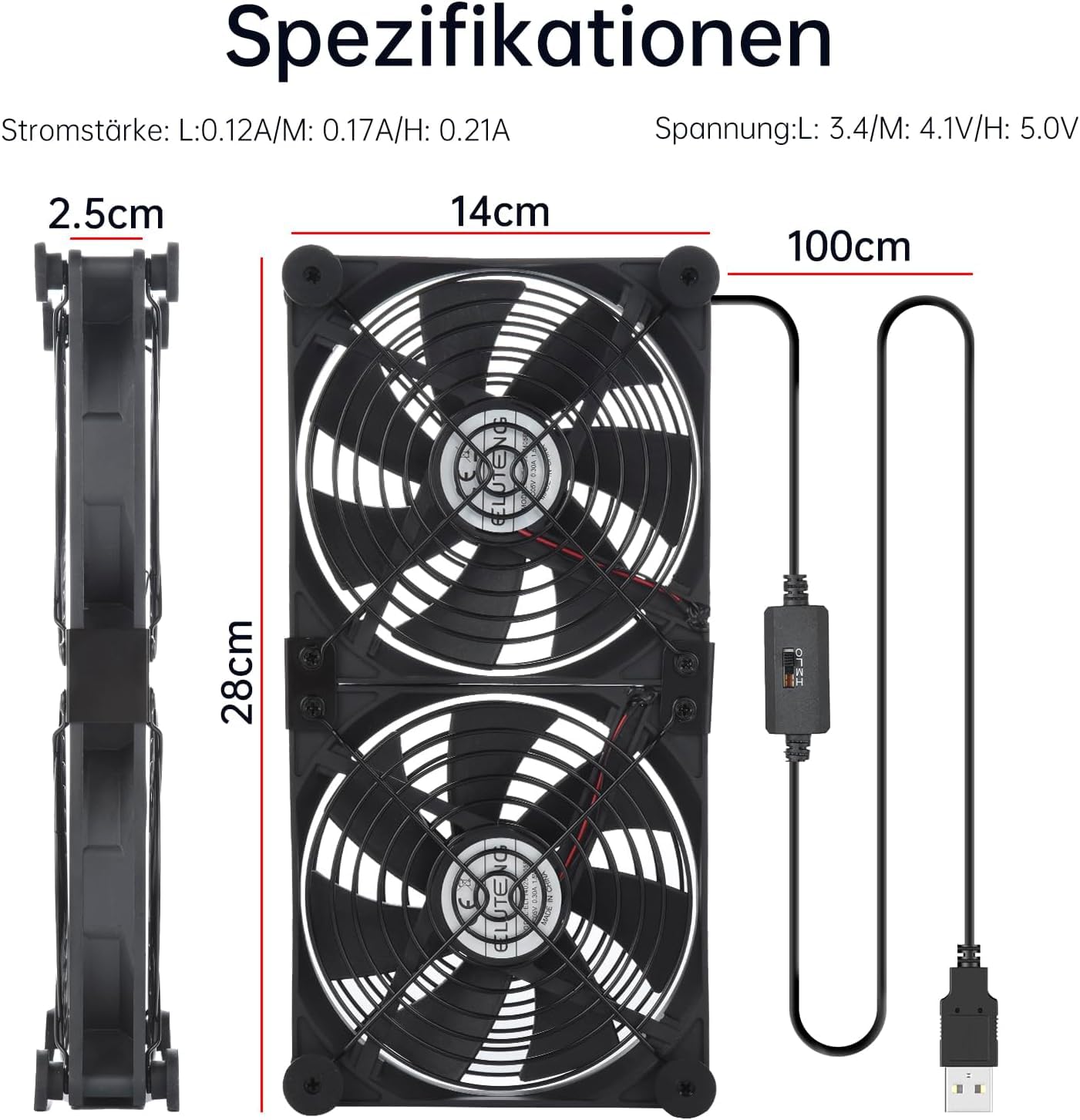 ELUTENG USB Fan 140mm 5V 2 in 1 with 3 Adjustable Speeds, Dual USB Computer Fan 140mm PC Fan 14mm with 8 Shock-Absorbing Feet for PS5 PS4/Laptop/TV Box/Router
