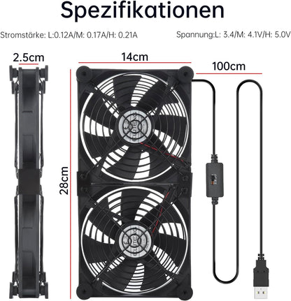 ELUTENG USB Fan 140mm 5V 2 in 1 with 3 Adjustable Speeds, Dual USB Computer Fan 140mm PC Fan 14mm with 8 Shock-Absorbing Feet for PS5 PS4/Laptop/TV Box/Router