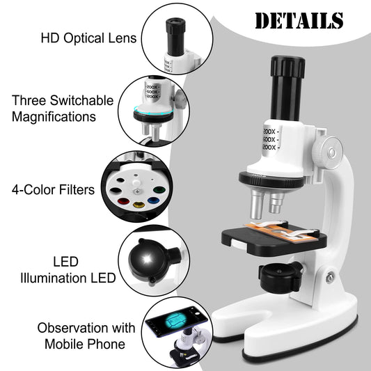 deAO Children's Microscope, 200x-1200x with LED lighting & accessory set. Portable microscope with phone holder and color filters. Toy for kids' experiments. White.