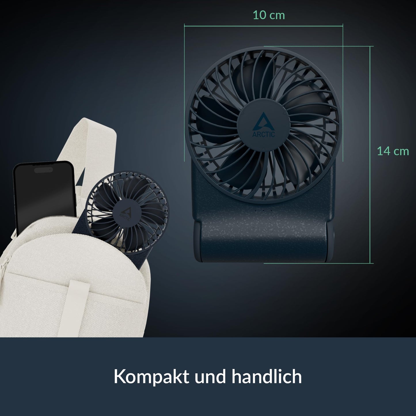 ARCTIC Summair 2Go - Rechargeable handheld fan with stand, infinitely adjustable, 4-77h runtime, USB-C connection (incl. USB-A cable) - Blue