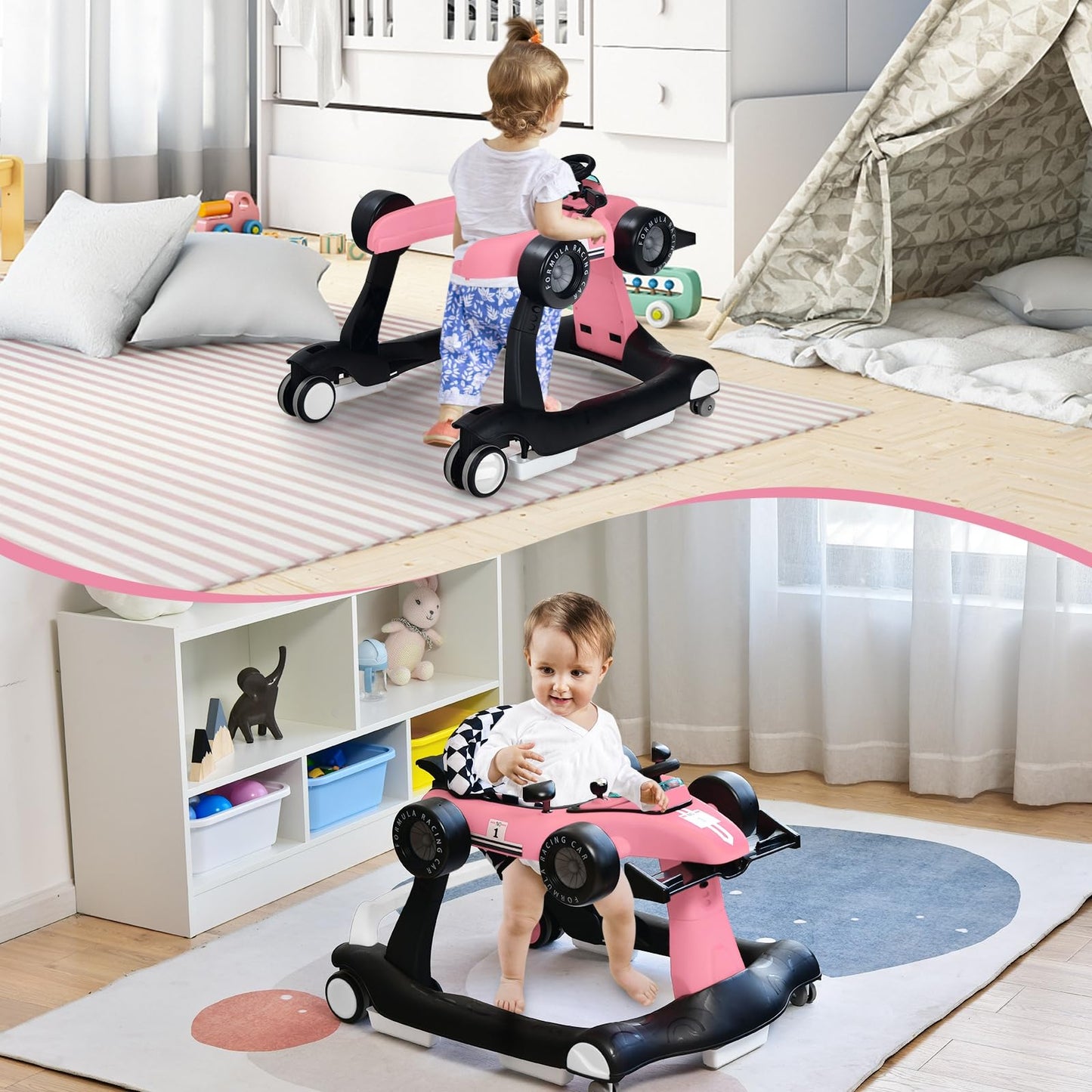 LIFEZEAL 4-in-1 baby walker, height-adjustable & foldable, suitable for babies from 6 months, with adjustable speed, light & music features (pink).