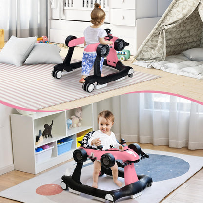 LIFEZEAL 4-in-1 baby walker, height-adjustable & foldable, suitable for babies from 6 months, with adjustable speed, light & music features (pink).