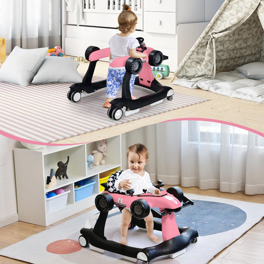 LIFEZEAL 4-in-1 baby walker, height-adjustable & foldable, suitable for babies from 6 months, with adjustable speed, light & music features (pink).