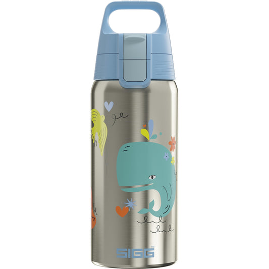 SIGG - Insulated kids water bottle - Shield Therm One Whale Friend - Suitable for carbonated drinks - Leak proof - Dishwasher safe - BPA free - 90% recycled stainless steel - Brushed & Blue with whale - 0.5L