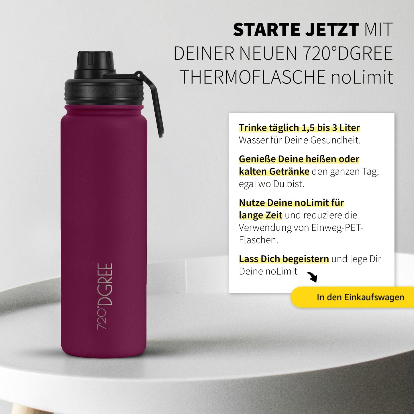 720°DGREE stainless steel thermo flask 710ml "noLimit" with fruit container - leak-proof, suitable for carbonation, BPA-free - insulated bottle with screw cap for sports, cycling, fitness + sports lid.