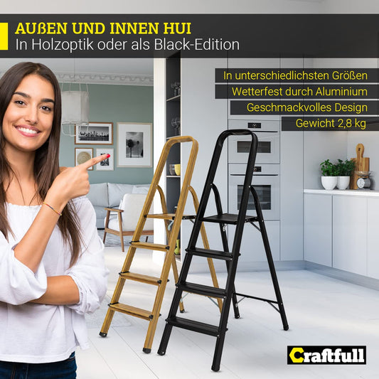 CRAFTFULL Step Ladder CF-133A | 3 Steps - 2-6 Step Ladder - Folding Step Stool - Stairway Ladder - Folding Ladder - Household Ladder - Stepladder (4 Steps Black Edition)