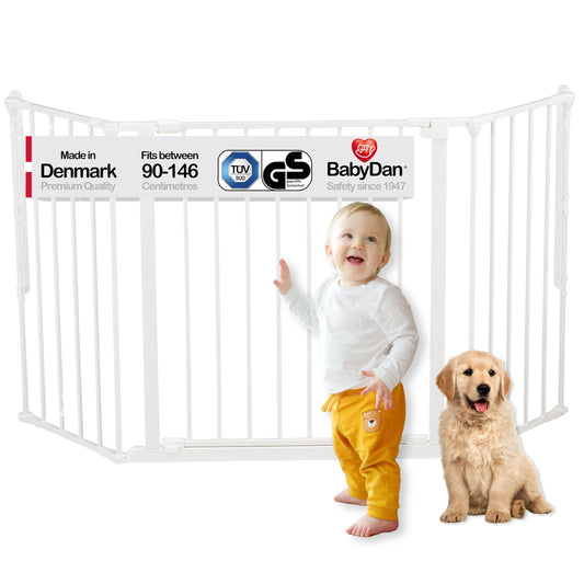 BabyDan Flex M, 90-146 cm, stair gate/room divider, white, made in Denmark - safety gate/pet gate/dog gate/dog playpen.