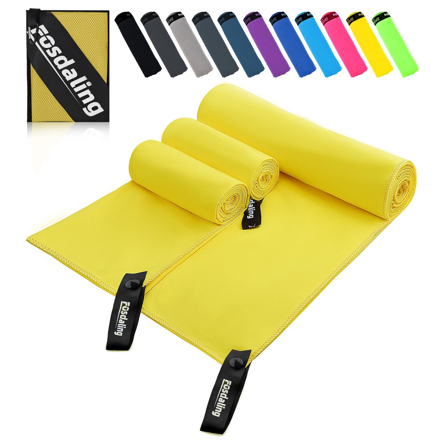 Fosdaling Microfiber Towel 3 Piece Set (Large 160×80cm and 2 Small 80×40cm), Quick-drying Microfiber Fitness & Sport Towels, for Beach, Bath, Gym and Travel (Yellow)